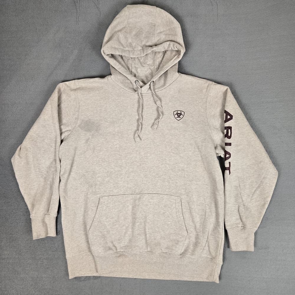 Ariat REAL Hoodie Womens XL Beige Logo Fleece Pullover Kangaroo Pocket *READ